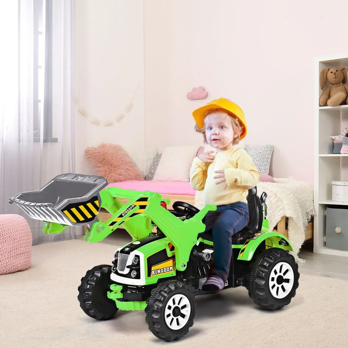 Elektrischer Kinder-Gabelstapler batteriebetriebener Kinder-Bagger mit 2 Geschwindigkeiten Sitzbagger Grün