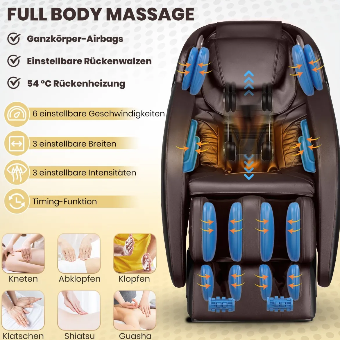 Elektrischer Massagesessel verstellbarer Shiatsu-Sessel 143 x 77 x 111 cm Kaffee
