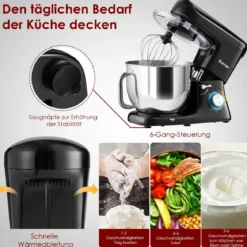Elektrischer Standmixer Küchenmaschine mit Knethaken kippbarem Kopf Edelstahl Schwarz