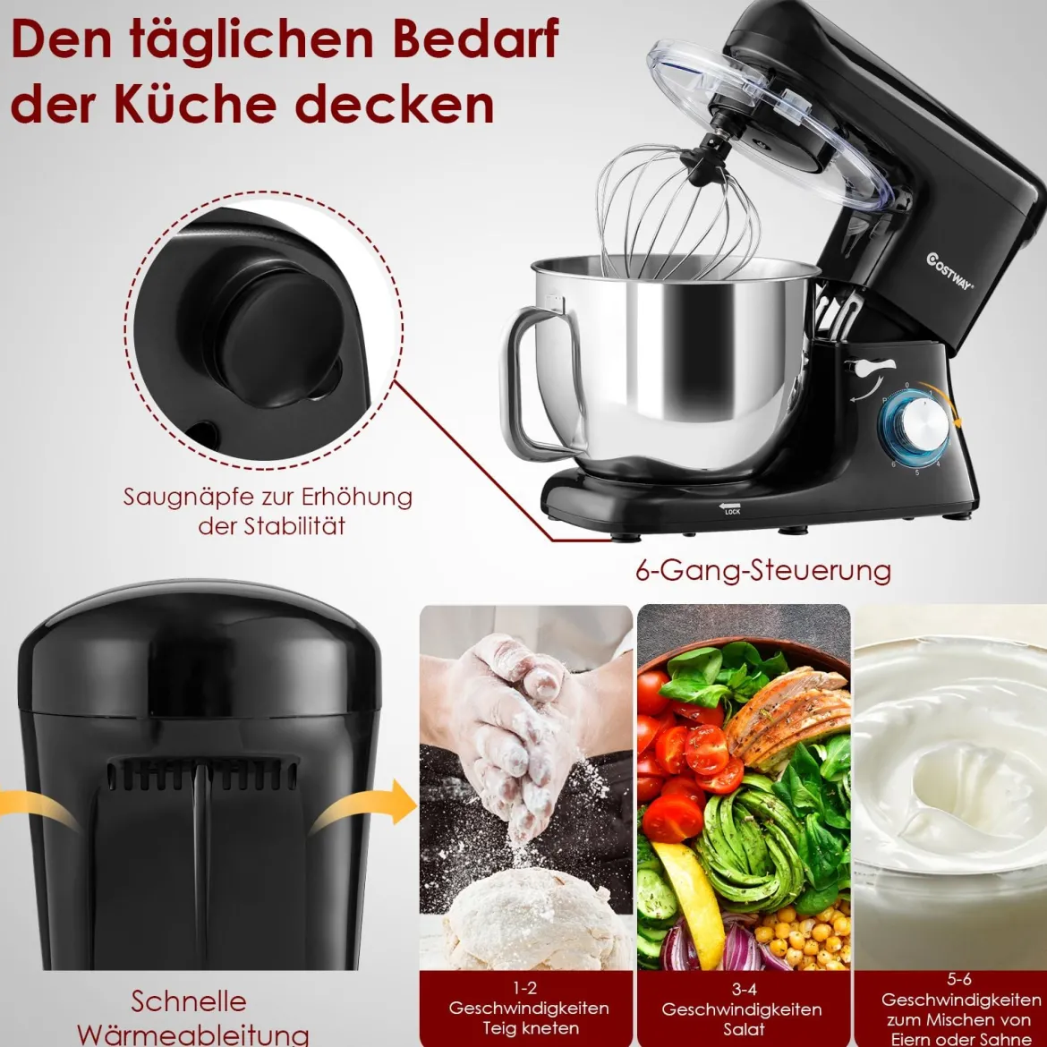Elektrischer Standmixer Küchenmaschine mit Knethaken kippbarem Kopf Edelstahl Schwarz