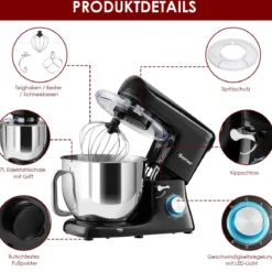 Elektrischer Standmixer Küchenmaschine mit Knethaken kippbarem Kopf Edelstahl Schwarz