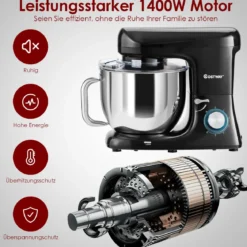 Elektrischer Standmixer Küchenmaschine mit Knethaken kippbarem Kopf Edelstahl Schwarz
