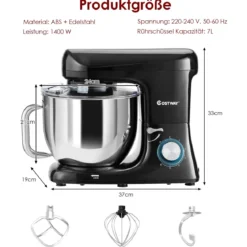 Elektrischer Standmixer Küchenmaschine mit Knethaken kippbarem Kopf Edelstahl Schwarz