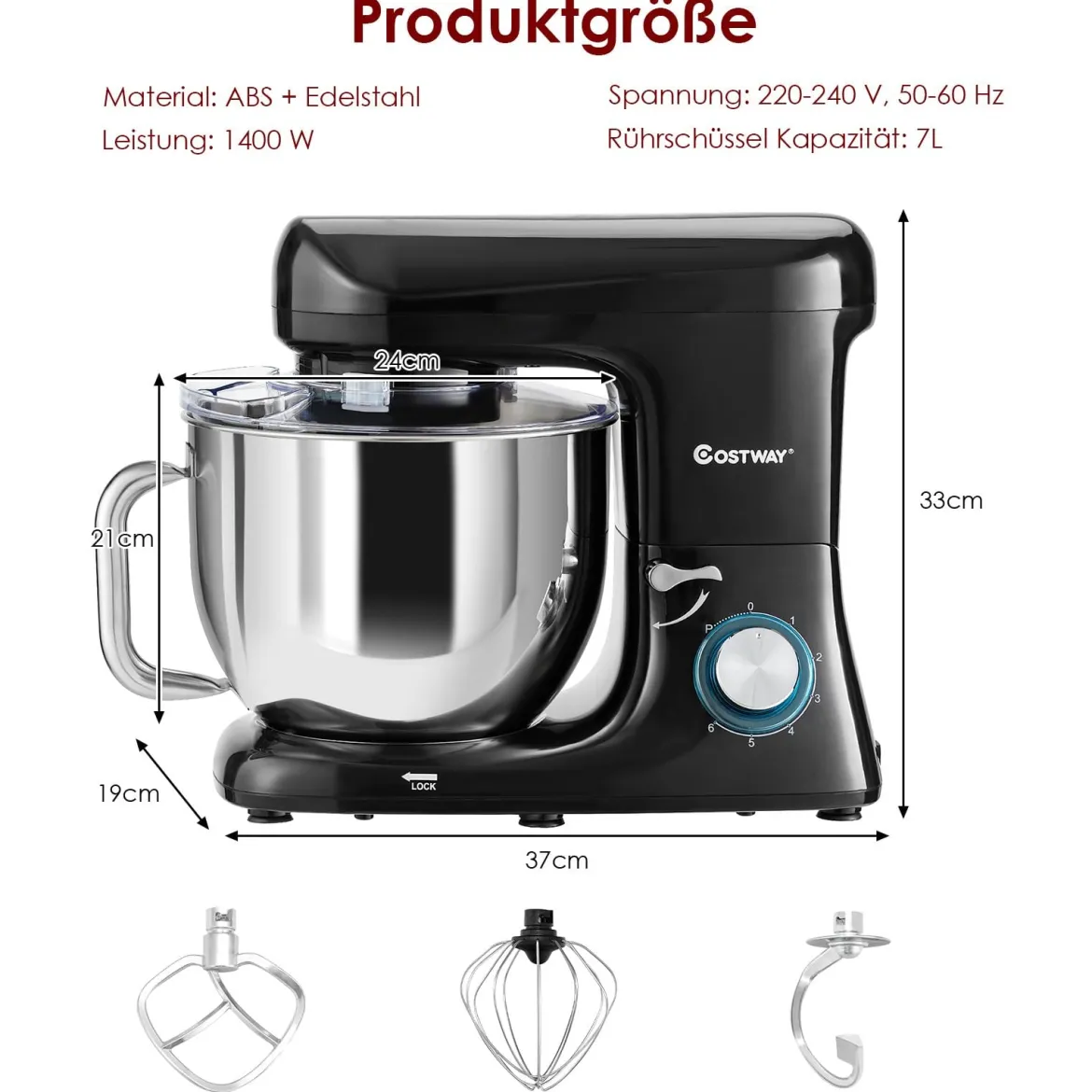 Elektrischer Standmixer Küchenmaschine mit Knethaken kippbarem Kopf Edelstahl Schwarz