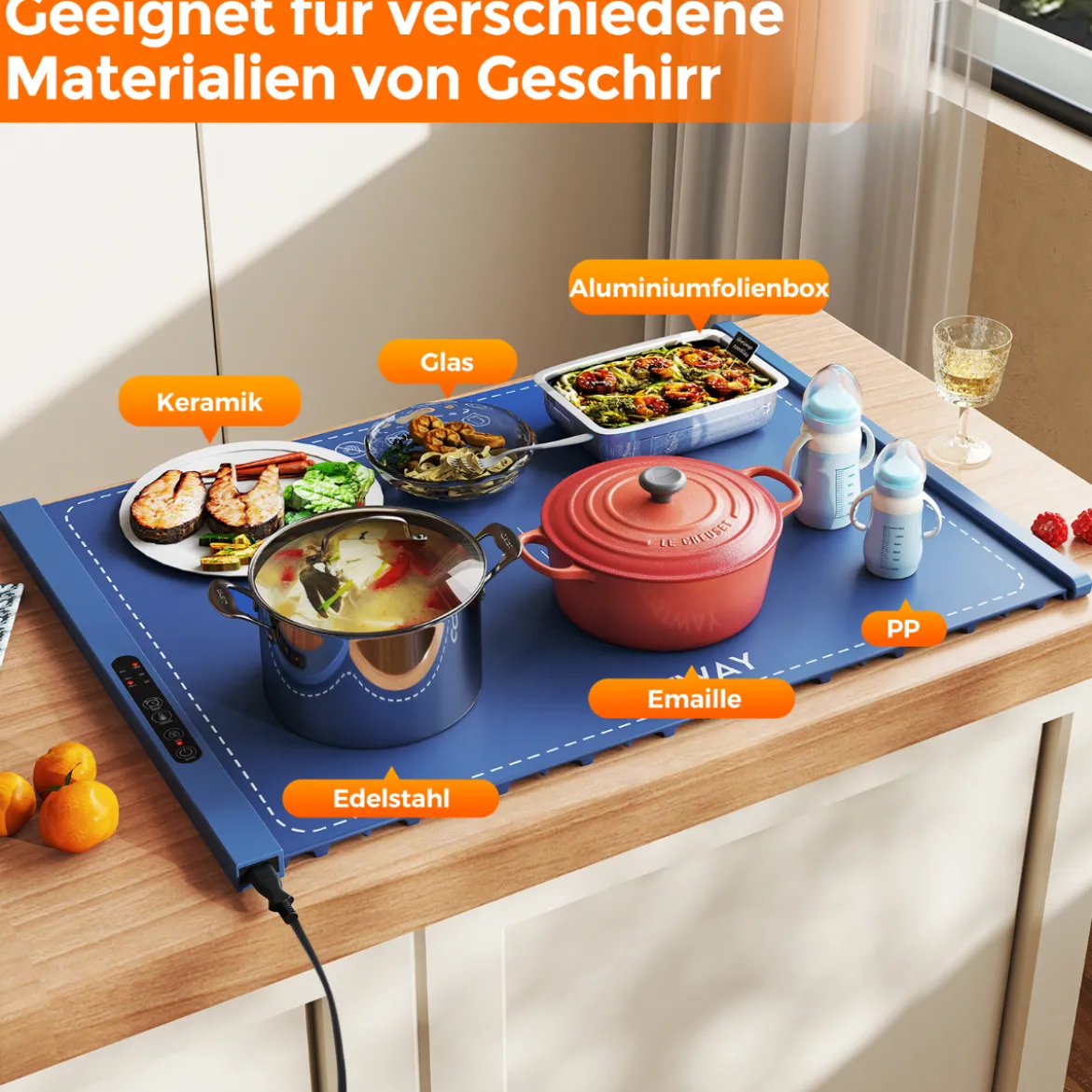 Elektrische Speisewärmungsmatte rollbare Silikon Warmhalteplatte mit einstellbarer Temperatur Blau