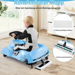 Elektrisches Reinigungs-Go-Kart 12V Rennwagen mit abnehmbarem Mopp 3-Gang-Fernbedienung Blau