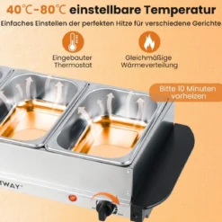 Elektrische Warmhalteplatte mit 3 Abnehmbaren Schalen Edelstahl Speisewärmer Buffetwärmer