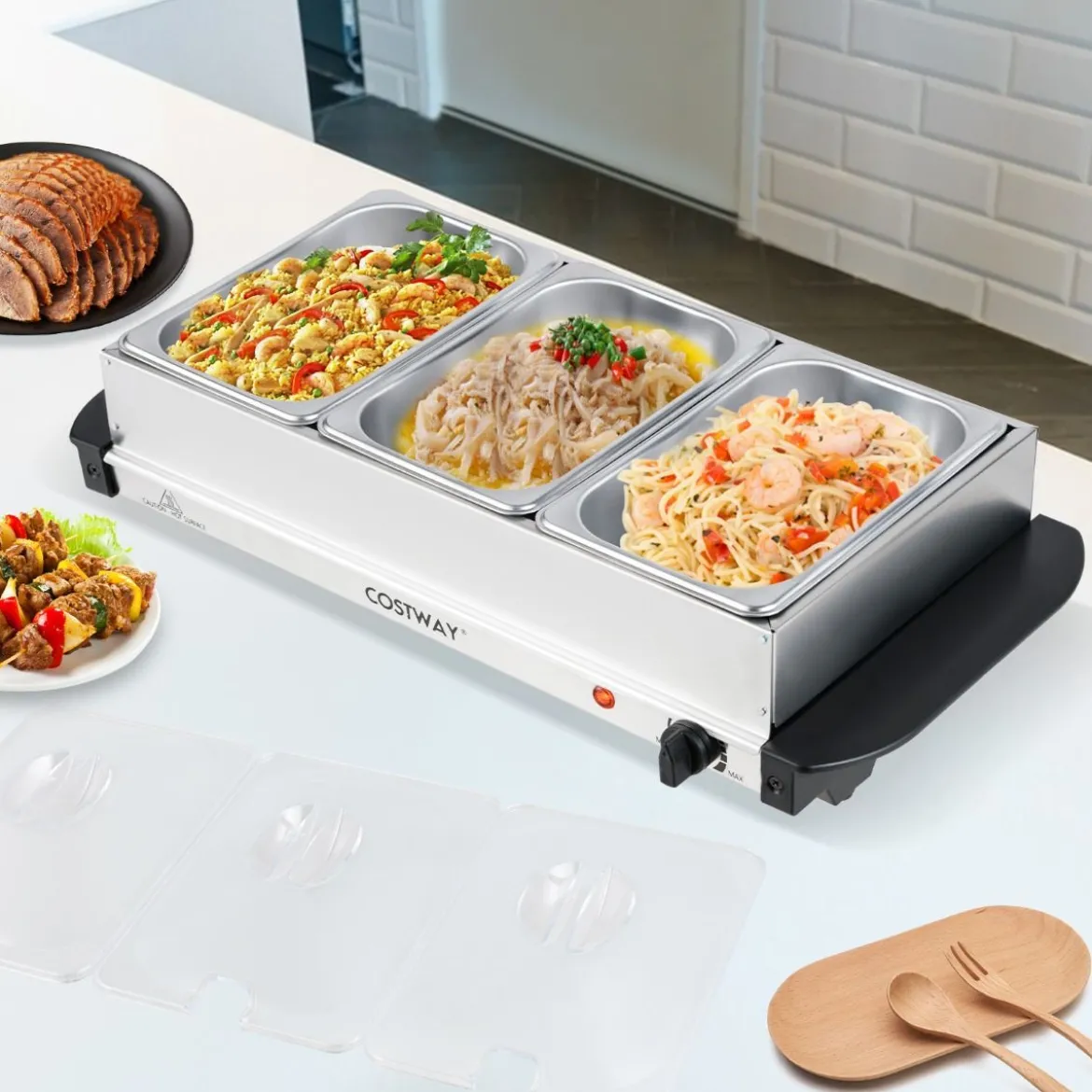 Elektrische Warmhalteplatte mit 3 Abnehmbaren Schalen Edelstahl Speisewärmer Buffetwärmer