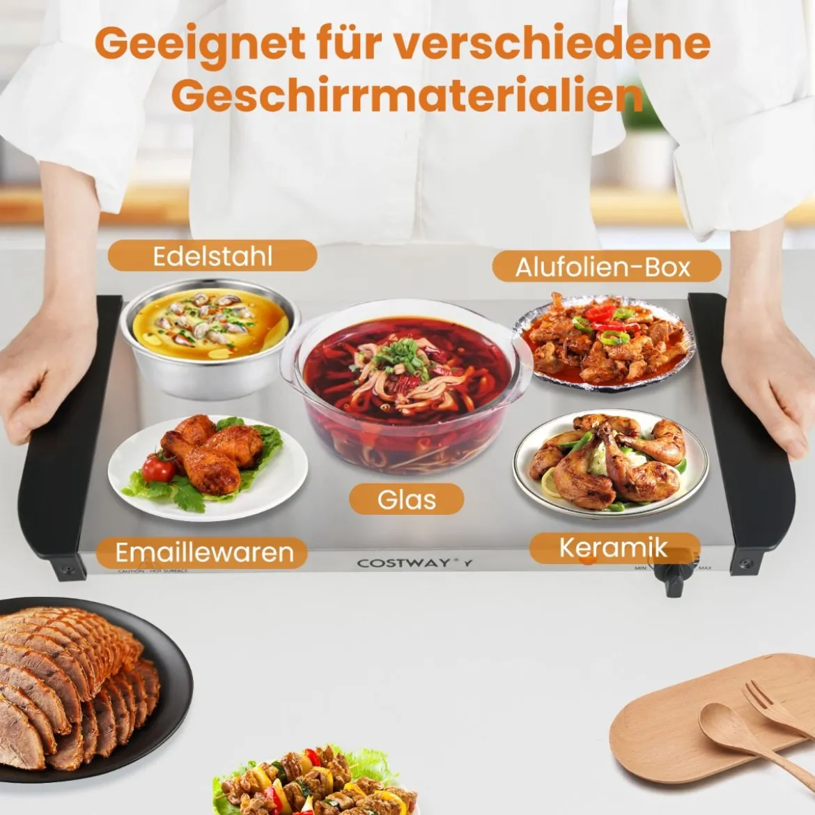 Elektrische Warmhalteplatte mit 3 Abnehmbaren Schalen Edelstahl Speisewärmer Buffetwärmer