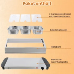 Elektrische Warmhalteplatte mit 3 Abnehmbaren Schalen Edelstahl Speisewärmer Buffetwärmer