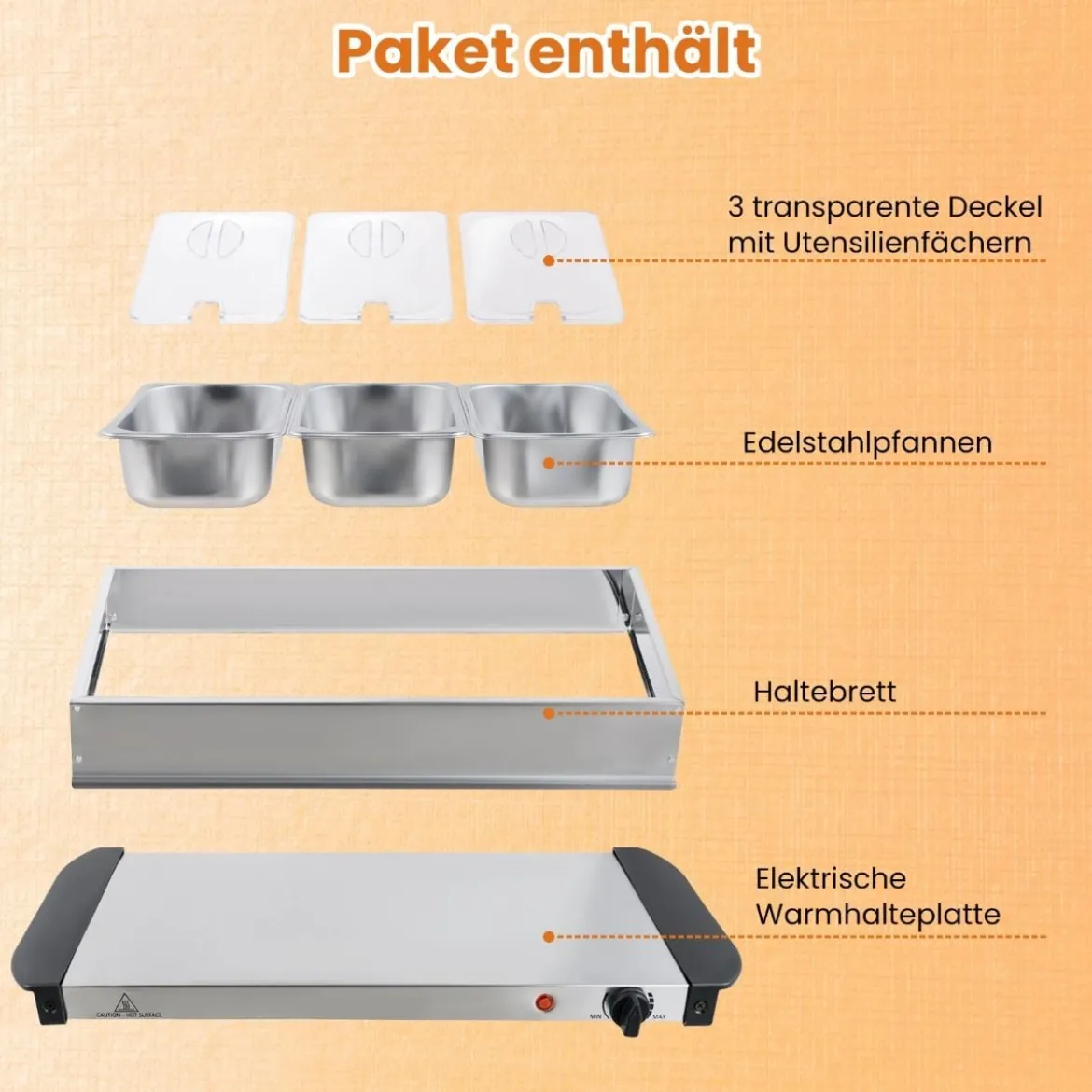 Elektrische Warmhalteplatte mit 3 Abnehmbaren Schalen Edelstahl Speisewärmer Buffetwärmer