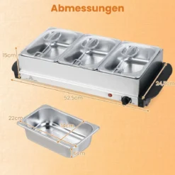 Elektrische Warmhalteplatte mit 3 Abnehmbaren Schalen Edelstahl Speisewärmer Buffetwärmer