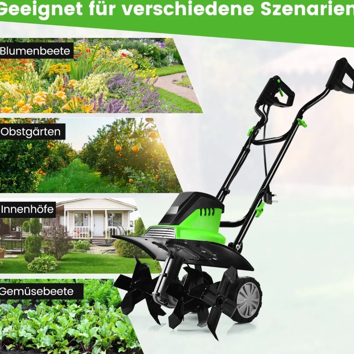 Elektro Bodenhacke mit 6 Hackmesser & 2-Punkt-Sicherheitsschalter 1500W Gartenfräse Grün