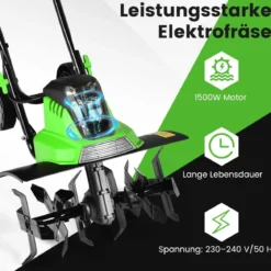 Elektro Bodenhacke mit 6 Hackmesser & 2-Punkt-Sicherheitsschalter 1500W Gartenfräse Grün