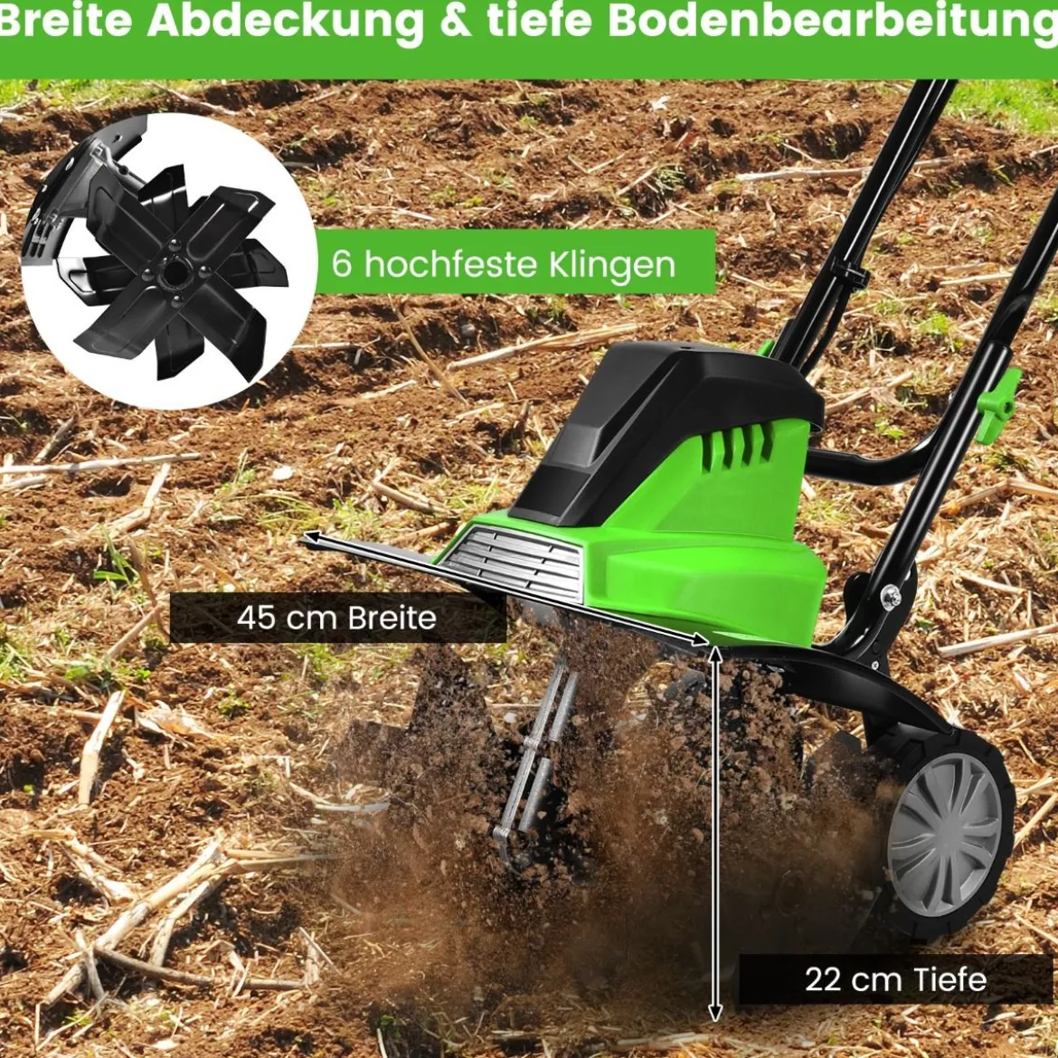 Elektro Bodenhacke mit 6 Hackmesser & 2-Punkt-Sicherheitsschalter 1500W Gartenfräse Grün