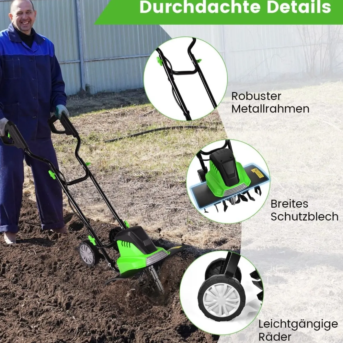 Elektro Bodenhacke mit 6 Hackmesser & 2-Punkt-Sicherheitsschalter 1500W Gartenfräse Grün