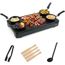 Elektrogrill 2 in 1 Tischgrill Elektrisch Elektrische Grillplatte mit Grillzange Löffel 4 Bratpfannen & 4 Holzspateln
