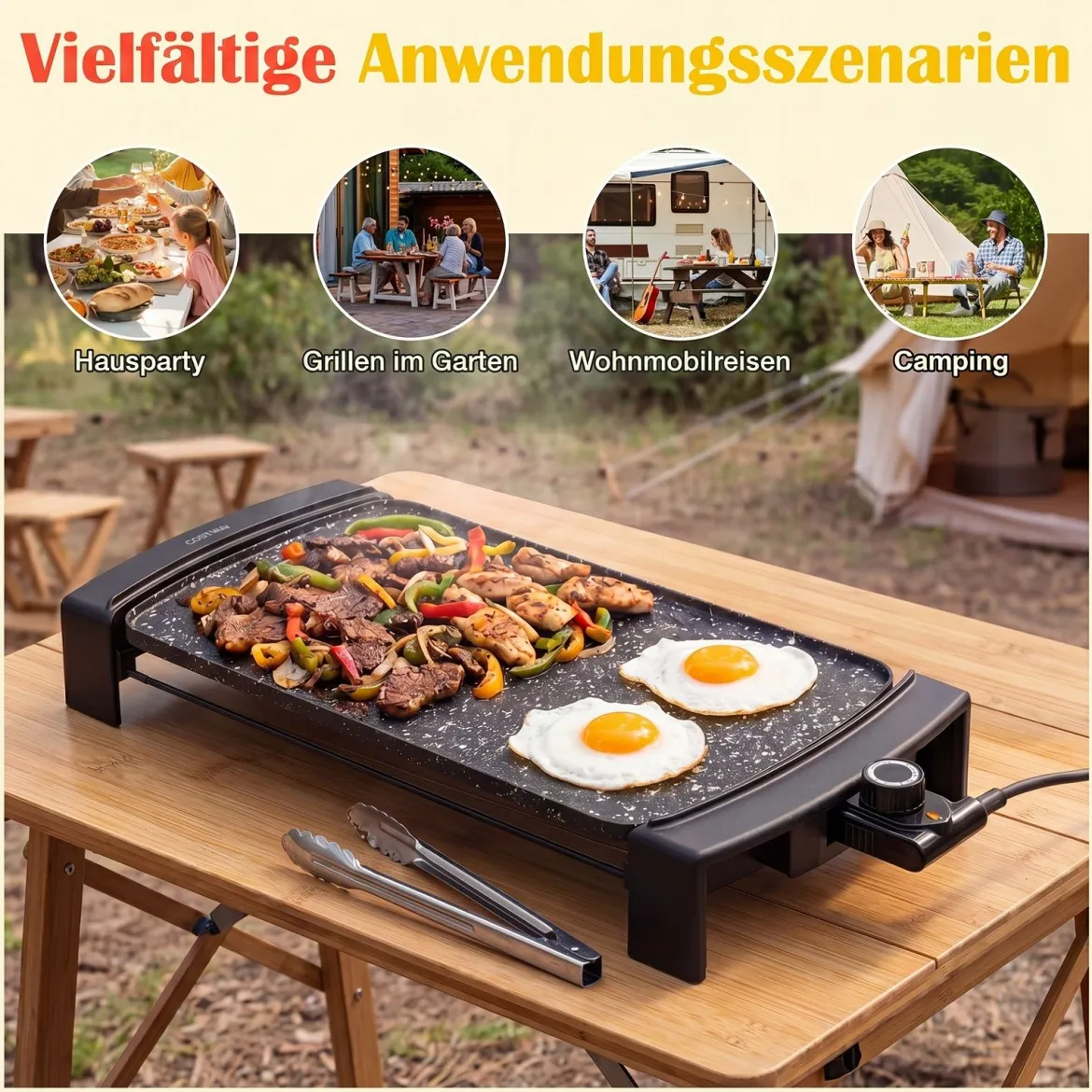 Elektrogrill 2150 W Tischgrill Elektrisch mit Doppelzone für Drinnen und Draußen 44 × 24 cm
