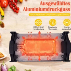 Elektrogrill 2150 W Tischgrill Elektrisch mit Doppelzone für Drinnen und Draußen 44 × 24 cm