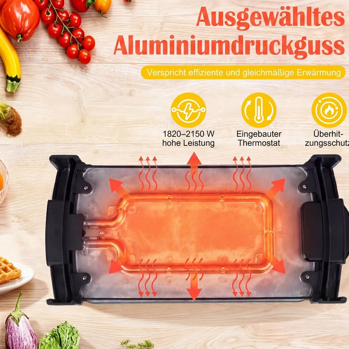 Elektrogrill 2150 W Tischgrill Elektrisch mit Doppelzone für Drinnen und Draußen 44 × 24 cm