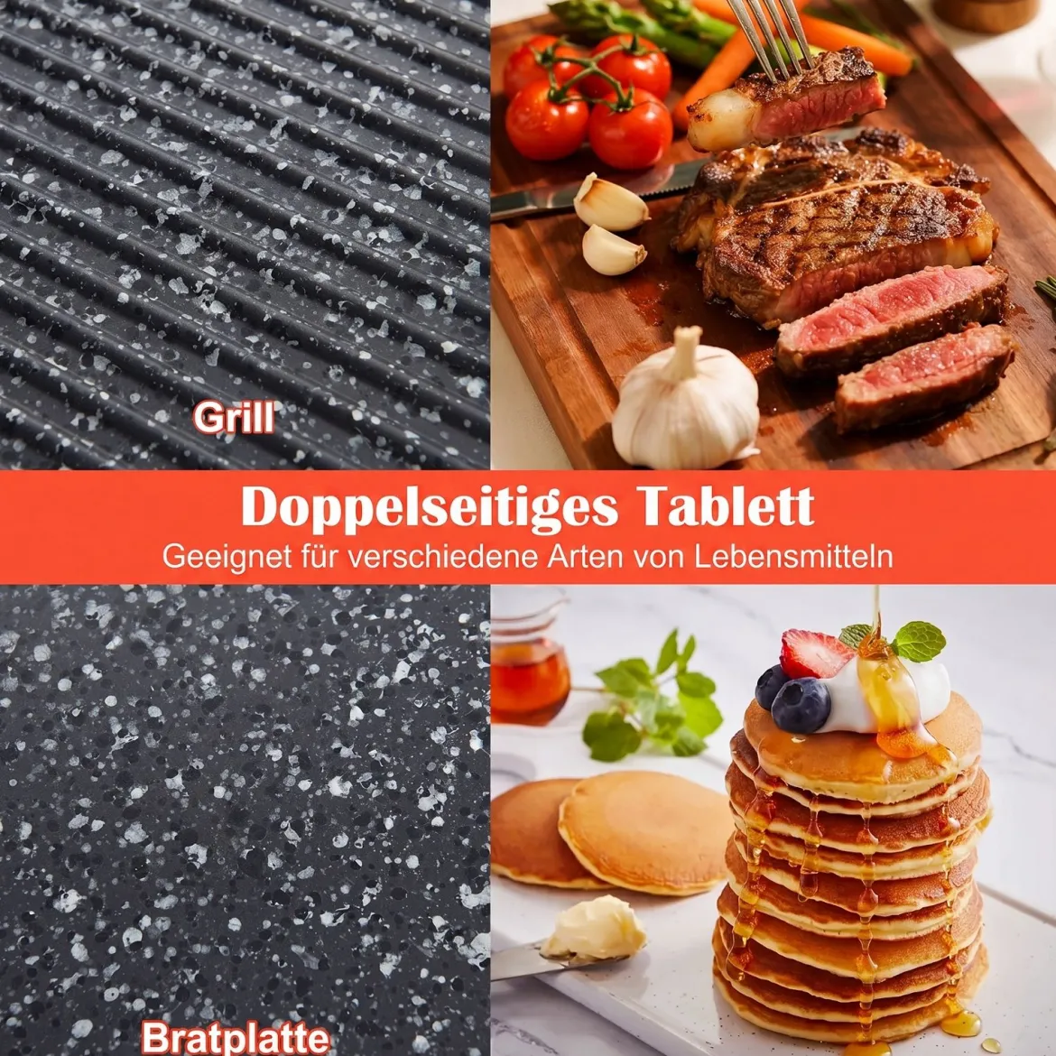Elektrogrill 2150 W Tischgrill Elektrisch mit Doppelzone für Drinnen und Draußen 44 × 24 cm