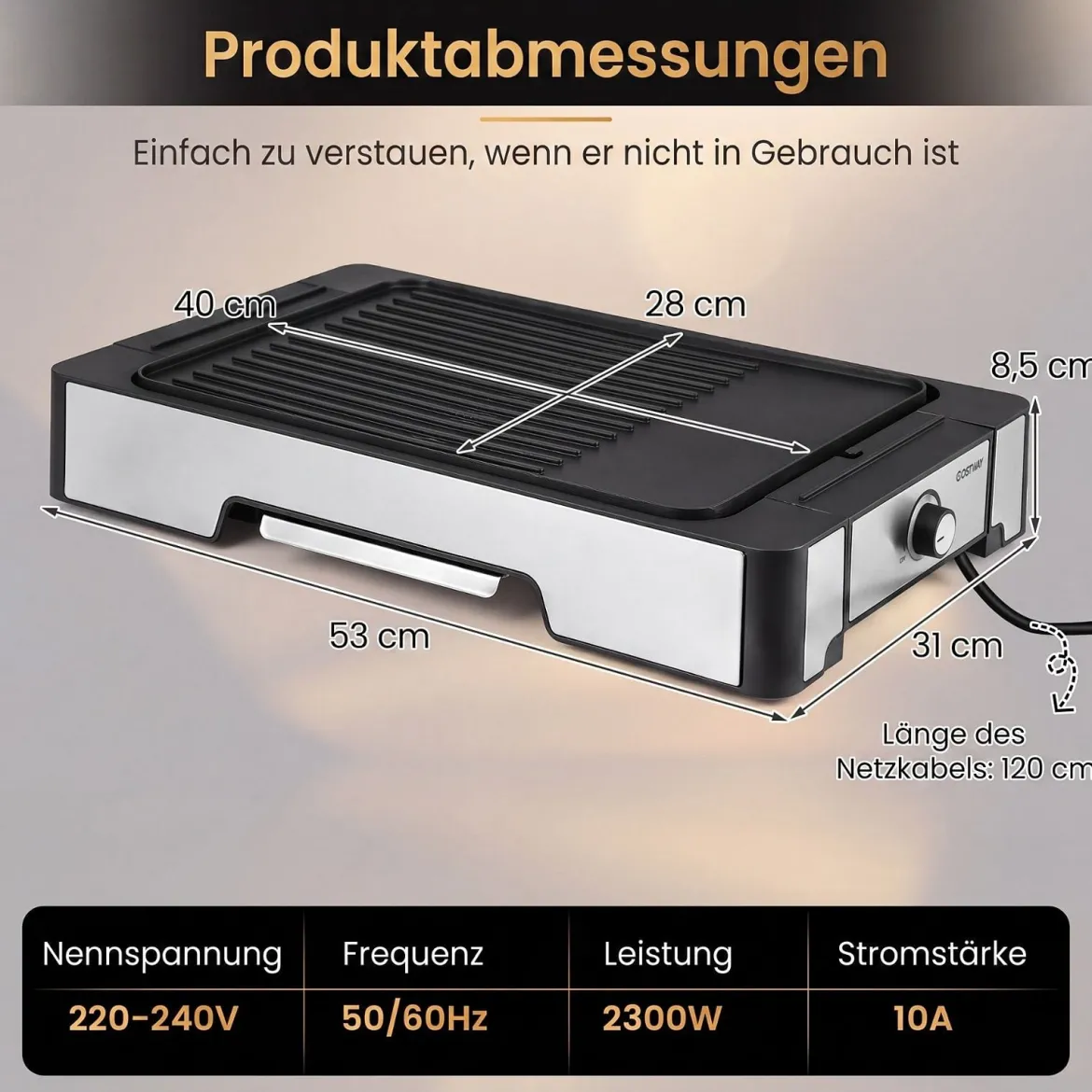Elektrogrill 2300W Tischgrill mit Antihaft Grillplatte & Fettauffangschale 53 x 31 x 8,5 cm Schwarz