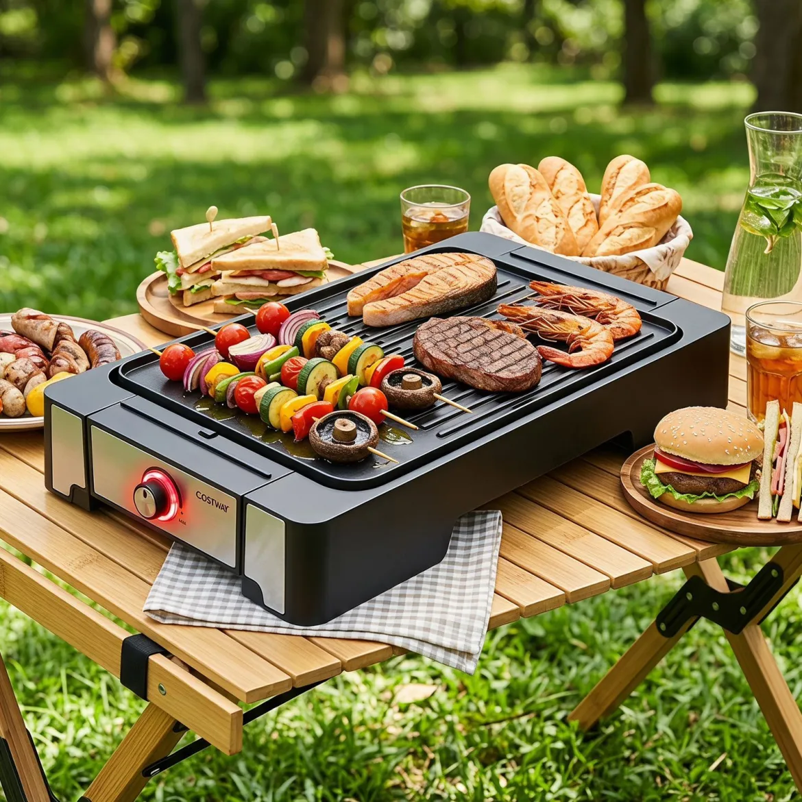 Elektrogrill 2300W Tischgrill mit Antihaft Grillplatte & Fettauffangschale 53 x 31 x 8,5 cm Schwarz