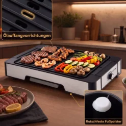 Elektrogrill 2300W Tischgrill mit Antihaft Grillplatte & Fettauffangschale 53 x 31 x 8,5 cm Schwarz