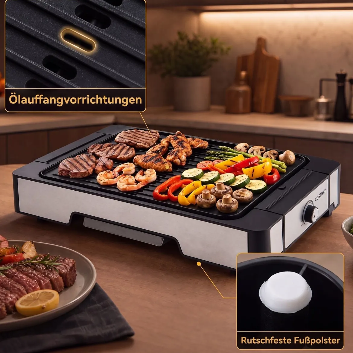 Elektrogrill 2300W Tischgrill mit Antihaft Grillplatte & Fettauffangschale 53 x 31 x 8,5 cm Schwarz