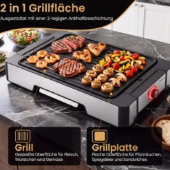 Elektrogrill 2300W Tischgrill mit Antihaft Grillplatte & Fettauffangschale 53 x 31 x 8,5 cm Schwarz
