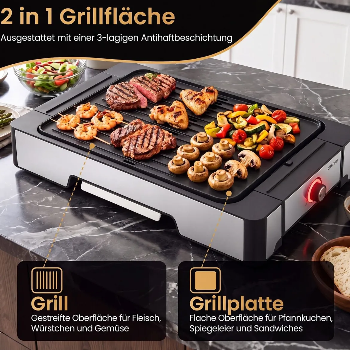 Elektrogrill 2300W Tischgrill mit Antihaft Grillplatte & Fettauffangschale 53 x 31 x 8,5 cm Schwarz