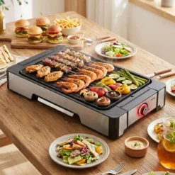 Elektrogrill 2300W Tischgrill mit Antihaft Grillplatte & Fettauffangschale 53 x 31 x 8,5 cm Schwarz
