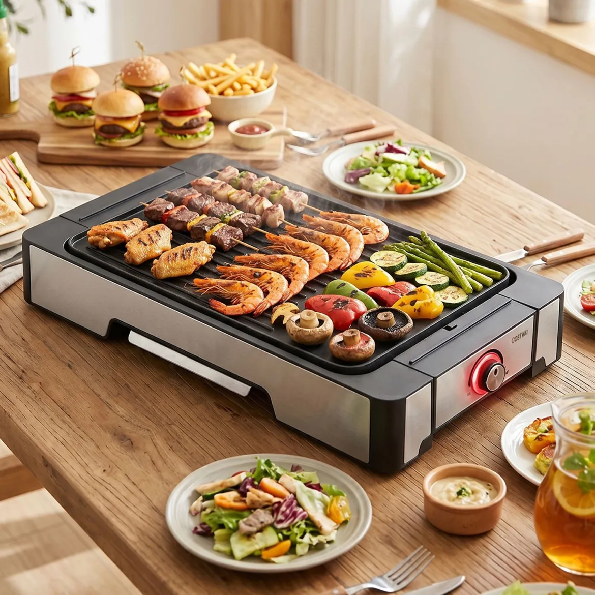 Elektrogrill 2300W Tischgrill mit Antihaft Grillplatte & Fettauffangschale 53 x 31 x 8,5 cm Schwarz