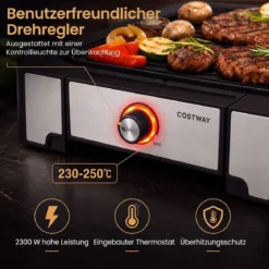 Elektrogrill 2300W Tischgrill mit Antihaft Grillplatte & Fettauffangschale 53 x 31 x 8,5 cm Schwarz
