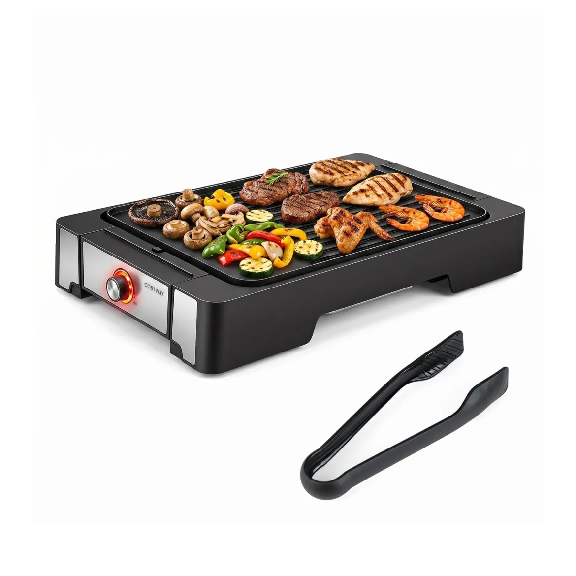 Elektrogrill 2300W Tischgrill mit Antihaft Grillplatte & Fettauffangschale 53 x 31 x 8,5 cm Schwarz