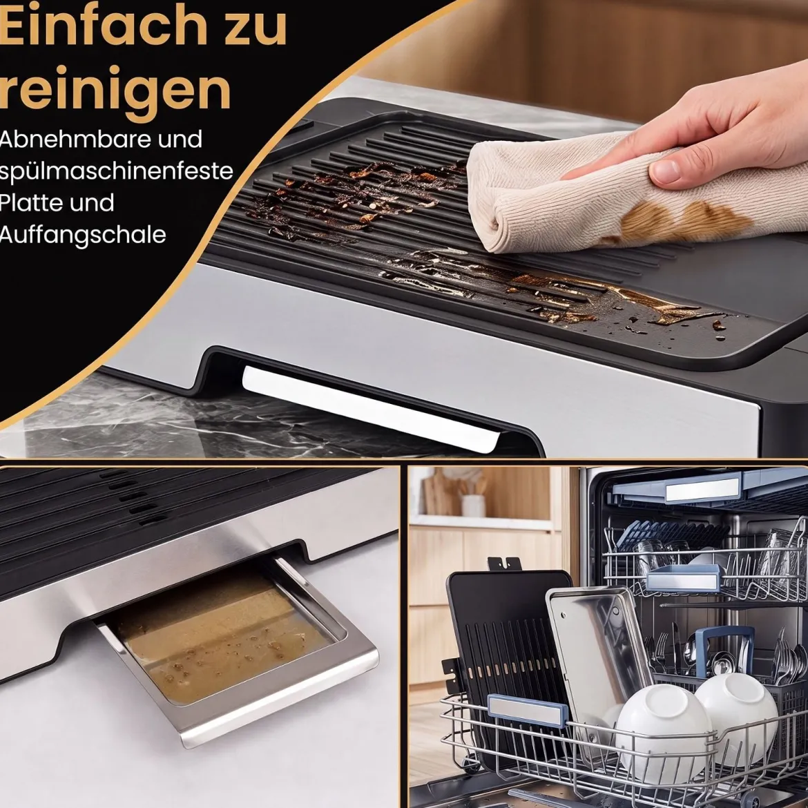 Elektrogrill 2300W Tischgrill mit Antihaft Grillplatte & Fettauffangschale 53 x 31 x 8,5 cm Schwarz