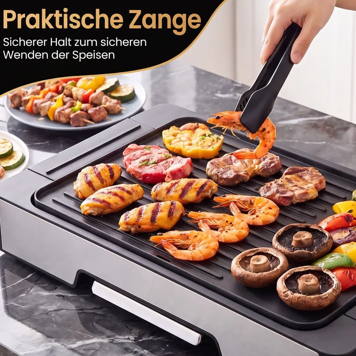 Elektrogrill 2300W Tischgrill mit Antihaft Grillplatte & Fettauffangschale 53 x 31 x 8,5 cm Schwarz