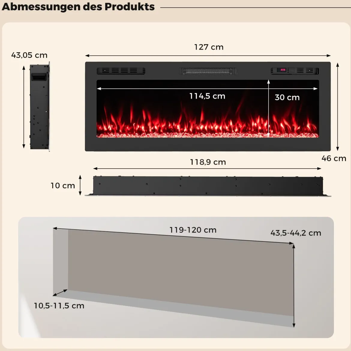 50" Elektrokamin mit Heizung 750W/1500W Einbaukamin mit Fernbedienung & App-Steuerung WiFi