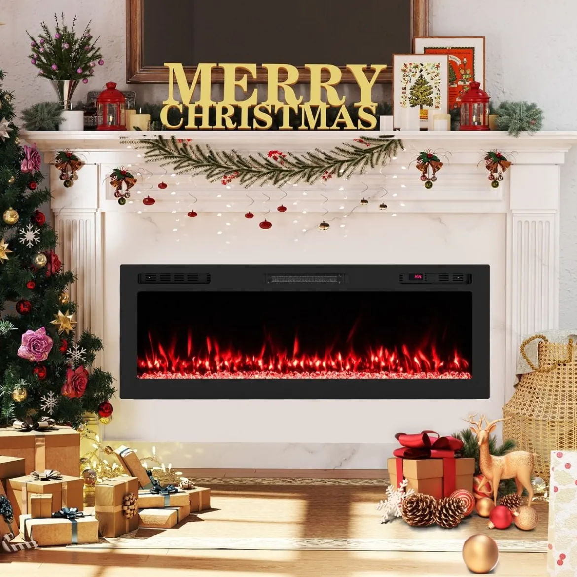 50" Elektrokamin mit Heizung 750W/1500W Einbaukamin mit Fernbedienung & App-Steuerung WiFi