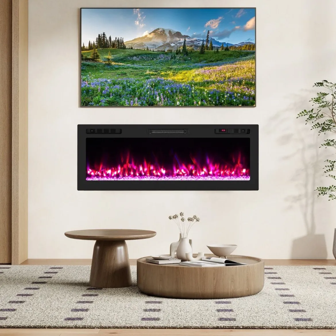50" Elektrokamin mit Heizung 750W/1500W Einbaukamin mit Fernbedienung & App-Steuerung WiFi