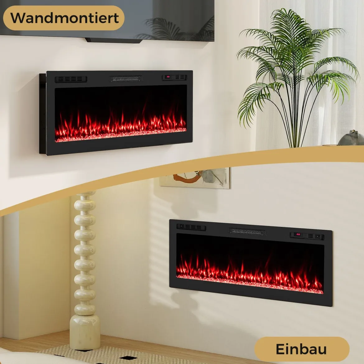 50" Elektrokamin mit Heizung 750W/1500W Einbaukamin mit Fernbedienung & App-Steuerung WiFi
