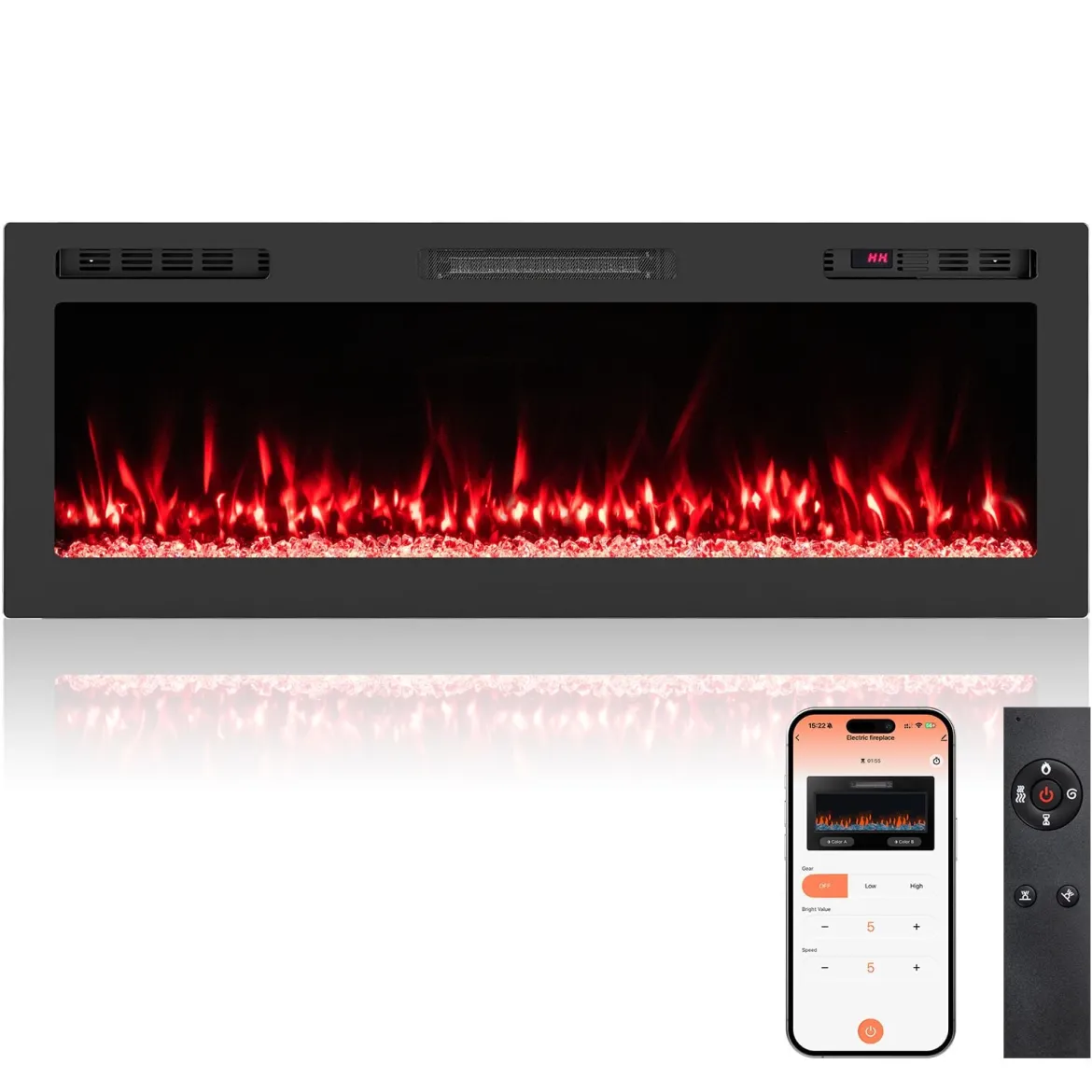 50" Elektrokamin mit Heizung 750W/1500W Einbaukamin mit Fernbedienung & App-Steuerung WiFi