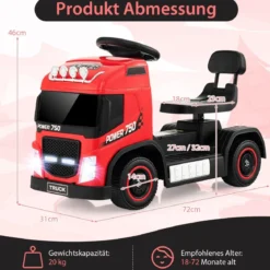 Elektrotruck für Kinder akkubetriebenes 6-V-Aufsitzspielzeug mit höhenverstellbarem Sitz 72 x 31 x 46 cm Rot