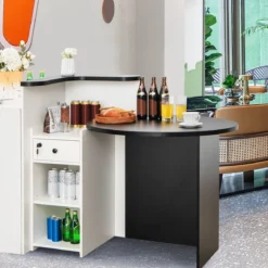 Empfangstheke Empfangstresen mit abschließbarer Schublade verstellbarem Regal ovaler Tischplatte Schwarz & Weiß