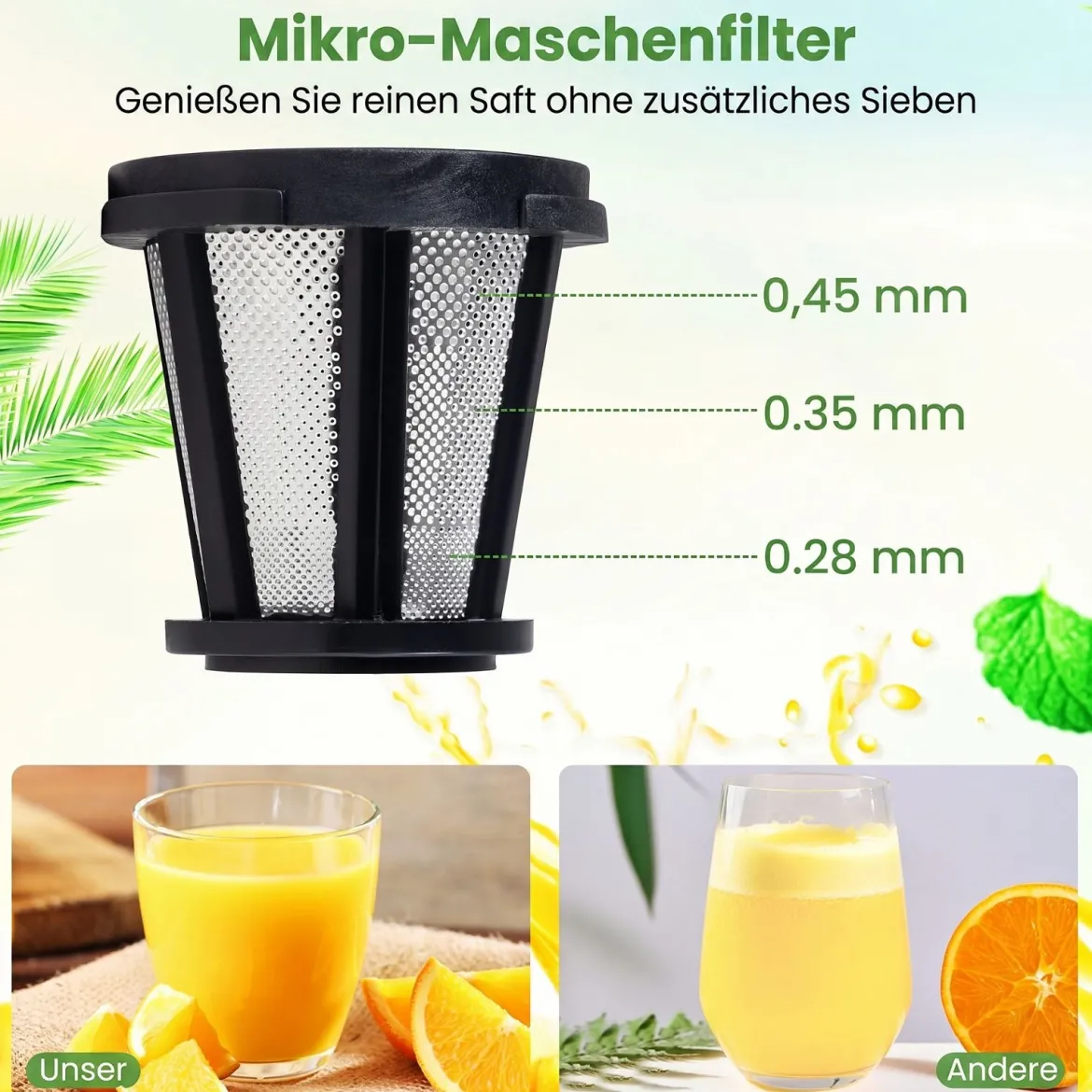 Entsafter Kaltpresse 150 W Slow Juicer Elektrisch mit Umkehrfunktion Saftpresse mit Reinigungsbürste
