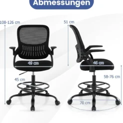 Entwurfstuhl hoher Mesh-Drehstuhl mit klappbaren Armlehnen & verstellbarem Fußstützring Schwarz