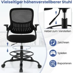 Entwurfstuhl hoher Mesh-Drehstuhl mit klappbaren Armlehnen & verstellbarem Fußstützring Schwarz