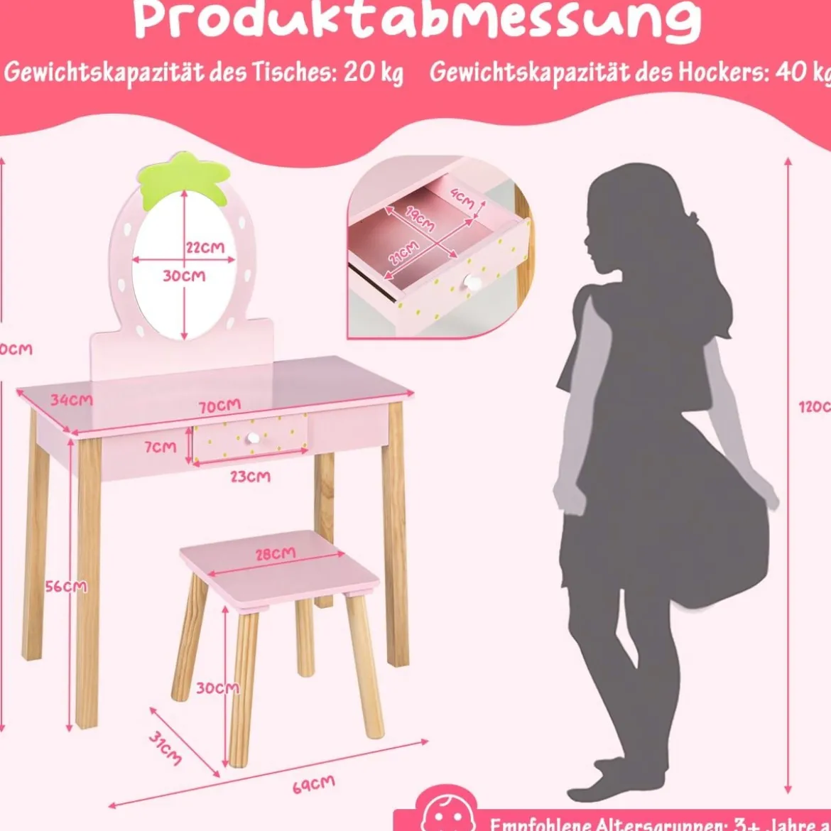Erdbeerförmiges 2-in-1-Kinder-Schminkset aus Holz mit Hocker & Spiegel & Schublade