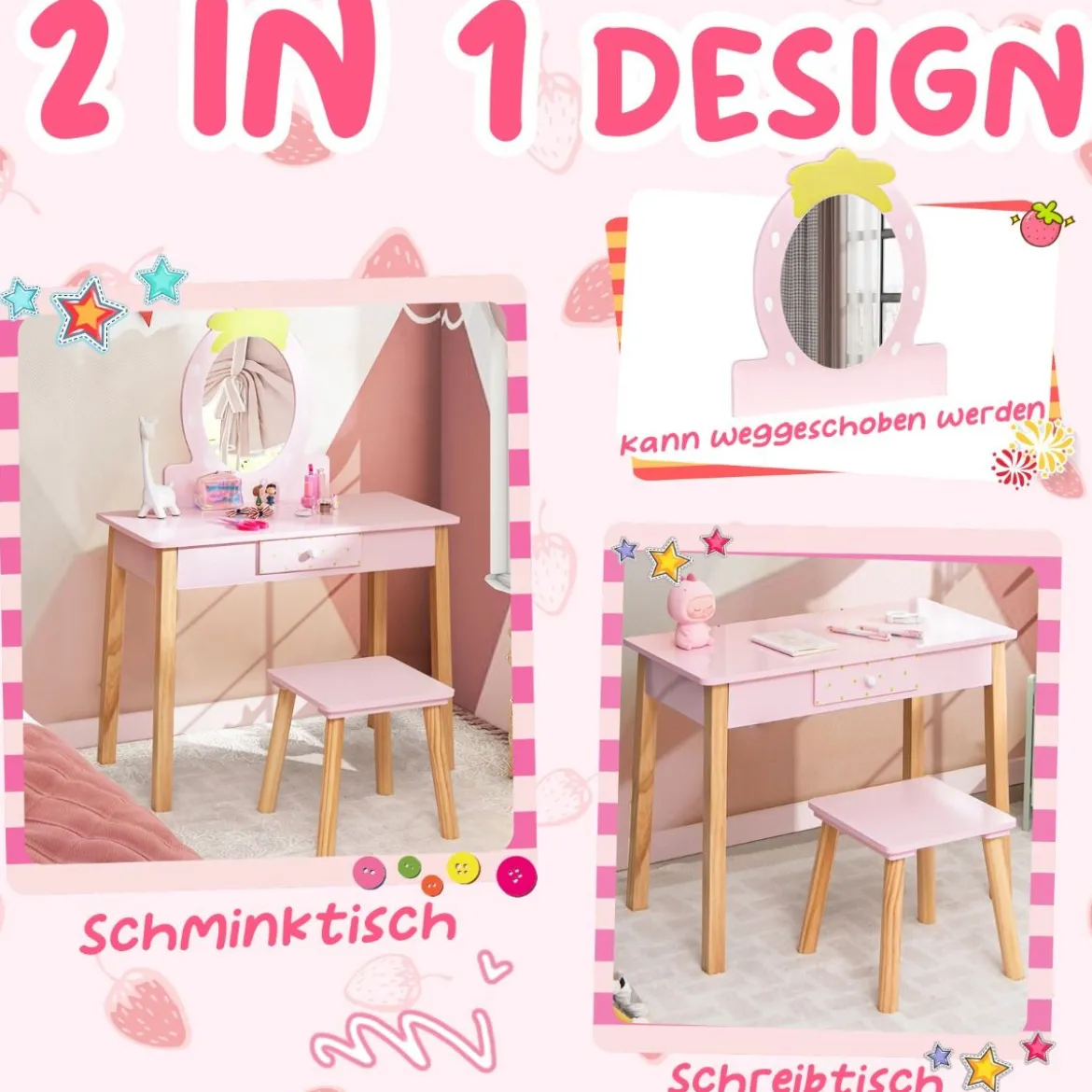 Erdbeerförmiges 2-in-1-Kinder-Schminkset aus Holz mit Hocker & Spiegel & Schublade