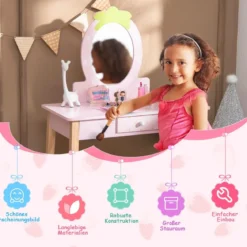 Erdbeerförmiges 2-in-1-Kinder-Schminkset aus Holz mit Hocker & Spiegel & Schublade